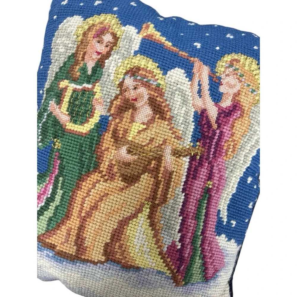 Vintage‎ Needlepoint Velvet Backed Pillow Angels Playing Music 9